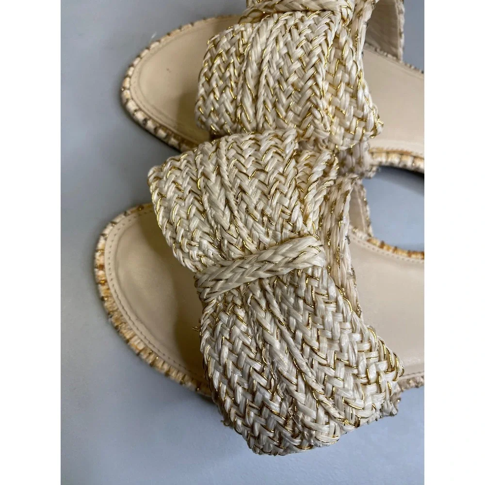 Jessica Simpson Womens Gold Cream Woven Raffia Bow Slide Sandals Size 10M 42
